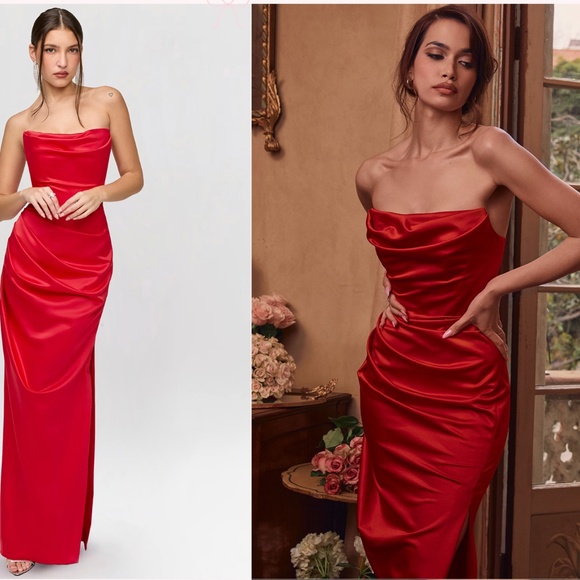 ADRIENNE Scarlet Satin Strapless Gown